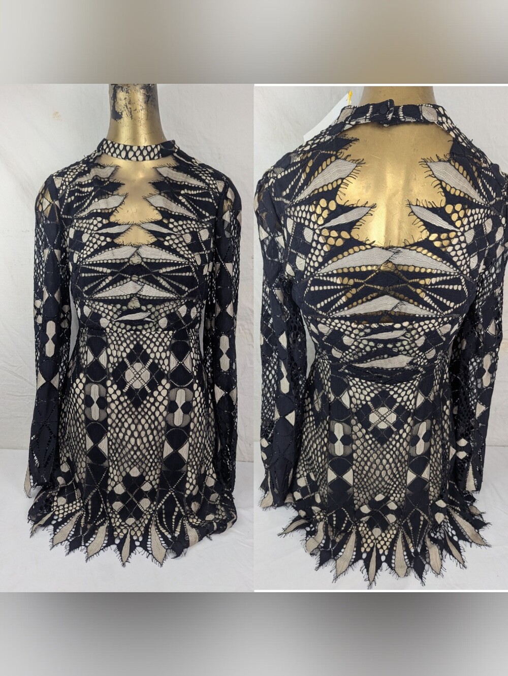 Free People Mini Dress Tunic Deco Lace Illusion  Long Cutout Sleeves Size 10 